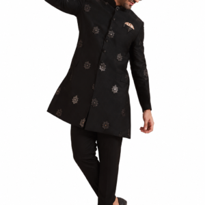 KISAH Men’s Black Jacquard Indo-Western Sherwani Set